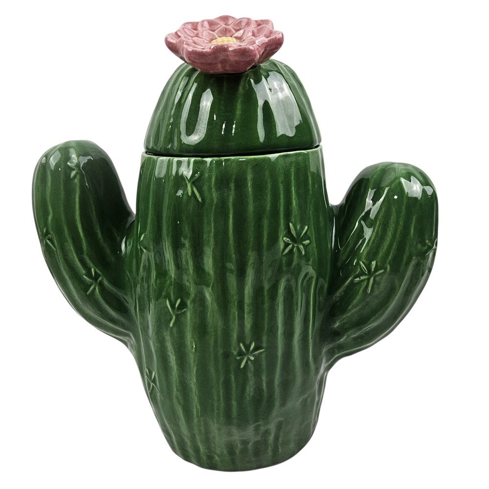 Green Ceramic Cactus Cookie Jar Pink Flower Lid Saguaro Desert Kitchen Decor